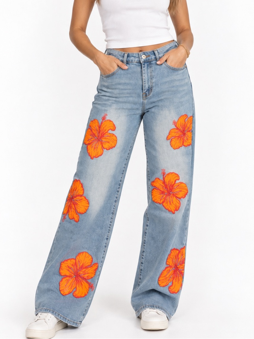 172.New Wide Leg Light Blue Jeans with Orange Floral